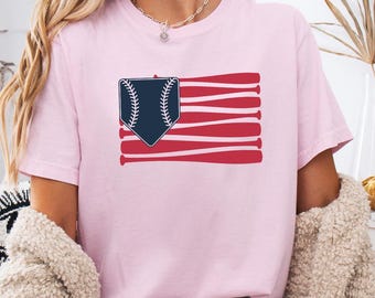 T-shirt baseball Comfort Colors® avec drapeau des États-Unis Chemise à manches longues Tenue patriotique pour le jour du match Chemise cadeau baseball 4 juillet