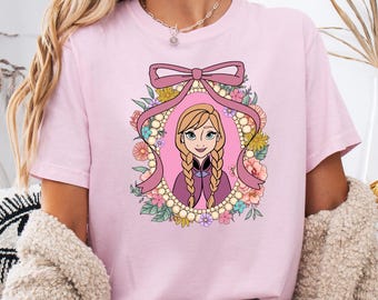 Comfort Colors® Disney Princess Shirt, Anna Frozen Floral Frame Bow Tee, Arendelle Princess Graphic Top