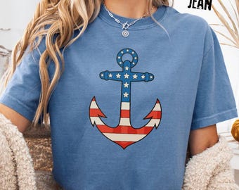 Chemise ancre patriotique Comfort Color®, chemise nautique 4 juillet pour femme, t-shirt drapeau américain, chemise à manches longues Beach USA, t-shirt patriotique pour jeunes