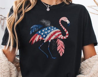 Chemise flamant rose patriotique Comfort Colors®, chemise flamant rose drapeau américain pour femme, t-shirt 4 juillet, chemise à manches longues oiseau américain, t-shirt patriotique