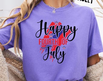 Chemise Comfort Colors® Happy Fourth of July, T-shirt 4th of July pour femme, T-shirt Fête de l'indépendance, Chemise patriotique à manches longues USA