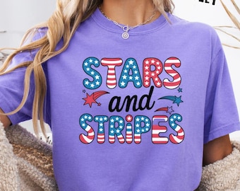 T-shirt à étoiles et rayures Comfort Color®, chemise rétro 4 juillet, t-shirt lettre patriotique à bulles, chemise à manches longues, chemise pour jeunes, États-Unis 4 juillet