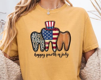 Chemise de dentiste patriotique Comfort Color®, chemise dentaire du 4 juillet, t-shirt Happy Fourth of July, chemise à manches longues, chemise pour jeunes, dentiste 4 juillet