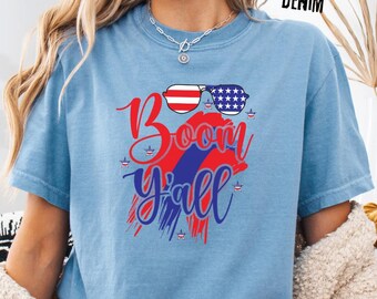 Chemise Boom Yall Comfort Colors®, chemise drôle 4 juillet pour femme, t-shirt patriotique du Sud, chemise à manches longues feu d'artifice américain, t-shirt patriotique pour jeunes