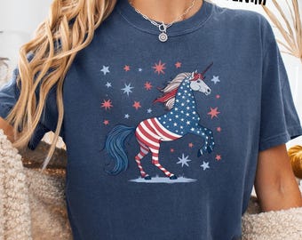 Chemise licorne patriotique Comfort Colors®, t-shirt licorne drapeau américain, t-shirt licorne 4 juillet, chemise à manches longues USA, t-shirt licorne pour jeunes