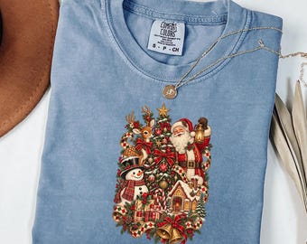 Comfort Colors® Vintage Christmas Shirt, Retro Santa Reindeer Snowman Tee, Victorian Holiday Graphic Tee, Nostalgic Christmas Tree Gift