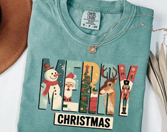 Comfort Colors® Merry Christmas Shirt, Retro Santa Snowman Reindeer Tee, Vintage Holiday Graphic Tee, Cute Christmas Gift for Women Men