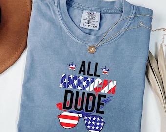Chemise Comfort Colors® All American Dude, T-shirt patriotique pour garçon, T-shirt garçon 4 juillet, chemise drapeau des États-Unis pour jeune, chemise patriotique à manches longues pour homme