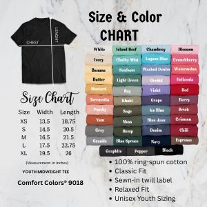May include: A black t-shirt with a size and color chart. The chart lists sizes XS to XL, with chest measurements from 13.5 to 19.5 inches and lengths from 18.75 to 26 inches. Color options include white, ivory, and black.