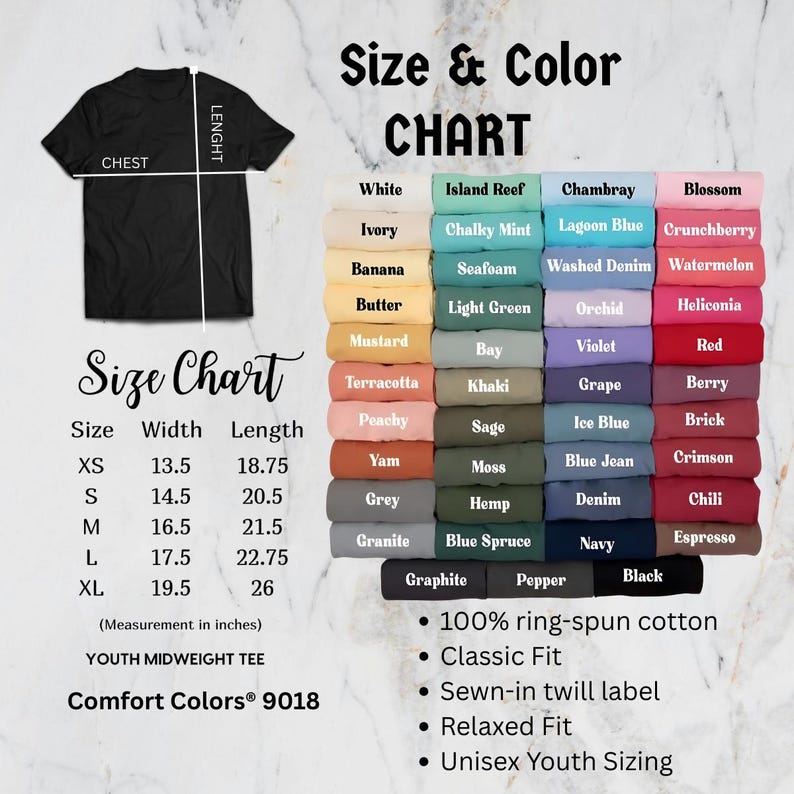 May include: A black t-shirt with a size and color chart. The chart lists sizes XS to XL, with chest measurements from 13.5 to 19.5 inches and lengths from 18.75 to 26 inches. Color options include white, ivory, and black.