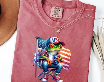 Chemise grenouille patriotique Comfort Color®, t-shirt rigolo 4 juillet, t-shirt grenouille des États-Unis, chemise grenouille drapeau américain, t-shirt patriotique, chemise à manches longues