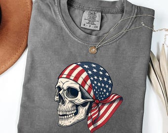 Chemise tête de mort patriotique Comfort Colors®, t-shirt bandana drapeau américain, t-shirt avant-gardiste 4 juillet, chemise cadeau USA Skull, chemise motard à manches longues
