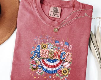 Chemise à fleurs Comfort Colors® America, t-shirt 4 juillet pour femme, t-shirt de baseball patriotique, chemise cadeau Fireworks America, chemise à manches longues USA