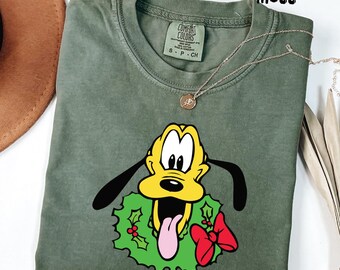 Comfort Colors® Pluto Wreath T-shirt, Holiday Dog Character Shirt, Youth T-shirt, Toddler Shirt, Kids Xmas Tee, Retro Winter Portrait Top