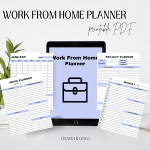 Könnte beinhalten: Ein digitaler Homeoffice-Planer mit hellblauem Hintergrund. Der Planer enthält einen Monatskalender, einen Wochenplaner und einen Projektplaner. Die Wörter "Work From Home Planner" und "printable PDF" werden angezeigt.