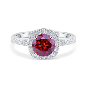 Round Cut Ruby Gemstone Ring, 14K White Gold Birthstone Ring, Half Eternity Pave Band