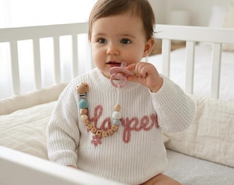 Personalized Wooden Name Pacifier Clip, Hand-Braided Cotton Rope Baby Soother Holder Gift