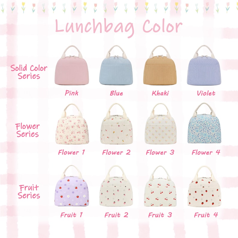 Może przedstawiać: Kolekcja dwunastu toreb na lunch ułożonych w trzy rzędy z etykietami Lunchbag Color, Solid Color Series, Flower Series i Fruit Series. Torby charakteryzują się r&oacute;żnymi jednolitymi kolorami, wzorami kwiatowymi i nadrukami owoc&oacute;w z białymi uchwytami.