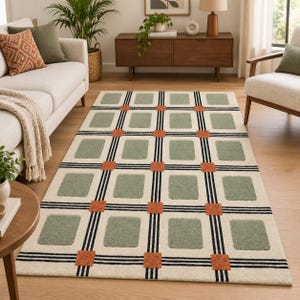 Alfombra geométrica de lana tejida a mano, color verde, moderna, con pelo cortado en bucle.