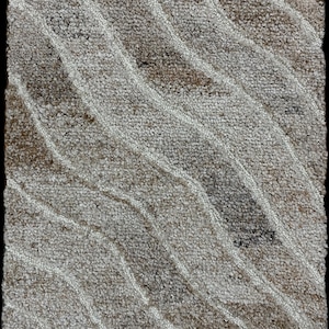 May include: A rectangular rug with a textured surface. The rug features a pattern of wavy lines in shades of beige, brown, and white. The design creates a sense of movement and depth, suitable for home decor.