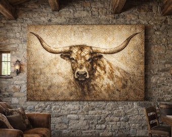 Texas Longhorn Bull Canvas Print | Western Ranch Wall Art | Rustic Farmhouse Decor