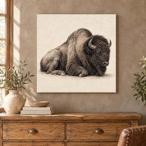 May include: A square canvas wall art print featuring a detailed charcoal-style illustration of a bison resting on the ground. The artwork displays the animal in profile, showcasing its thick fur, curved horns, and sturdy build in shades of brown.