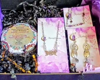 4 piece Triple Moon Feminine Energy Intention Set: Necklace, Earrings, Bracelet, Soy Candle
