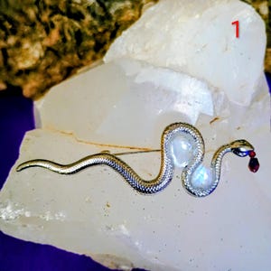 May include: A silver-toned snake brooch with a textured body and a curved design. The snake's head features a red gemstone and two clear, round stones. The brooch is set against a white, crystalline background.