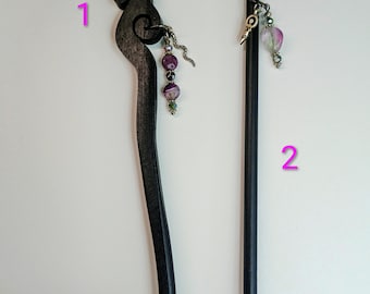 2 Wooden Hair Sticks Charolite & Fluorite