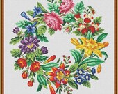Berlin Woolwork Antique Multifloral Wreath 1 Counted Cross Stitch Pattern PDF