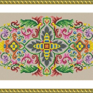 Antique Tapestry Ornament Stylized Flowers Motif Pointed Oval Shape Lens Shape Multicolor Counted Cross Stitch Pattern PDF
