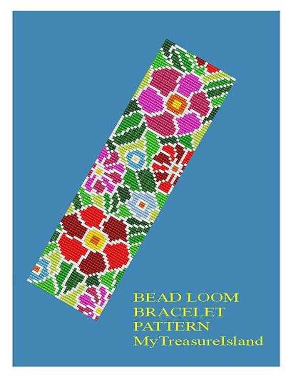 Bead loom pattern bracelet Floral jewelry  Red flowers mosaic pattern Beading bracelet