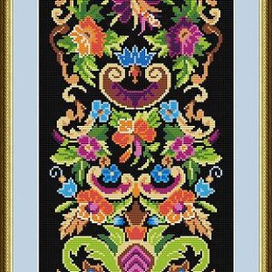 May include: A framed cross-stitch floral design with a black background. The design features colourful flowers in shades of blue, orange, purple, and green. The frame is gold with a light blue mount.