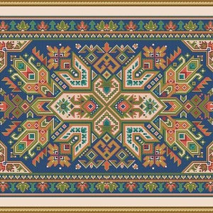 May include: A colorful geometric pattern with a blue background. The pattern is made up of squares, triangles, and other shapes in shades of red, orange, yellow, green, and blue.