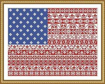 American Flag Cross Stitch Pattern Stars and Stripes Repeating Borders Design PDF Instant Download Pattern