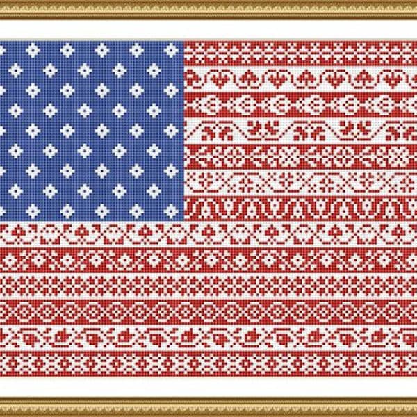 American Flag Cross Stitch Pattern Stars and Stripes Repeating Borders Design PDF Instant Download Pattern