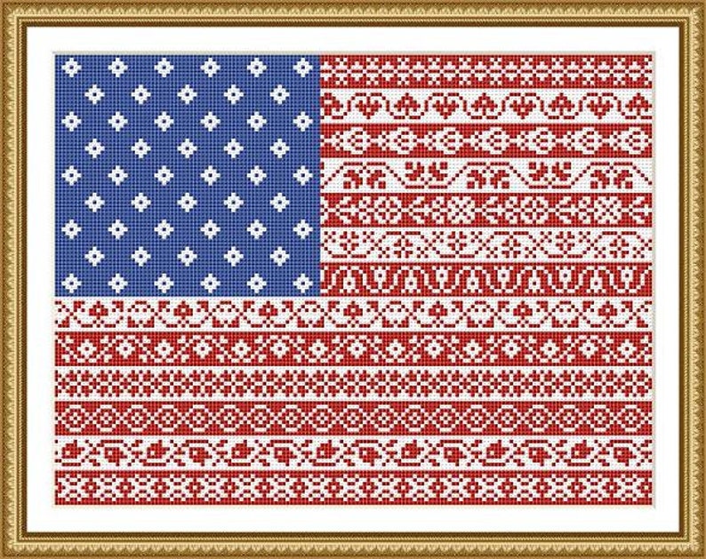 American Flag Cross Stitch Pattern Stars and Stripes Repeating Borders Design PDF Instant Download Pattern image 1