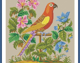 Parrot and Flowers Bird and Flowers Berlin Woolwork Counted Cross Stitch Pattern PDF