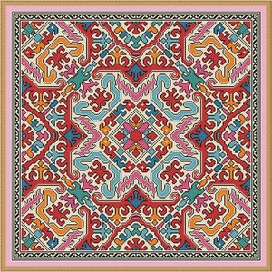 K&ouml;nnte beinhalten: Ein quadratisches, kreuzgesticktes Textil mit einem komplexen geometrischen Muster. Das Design zeigt ein zentrales Sternmotiv in Rosa, umgeben von sich wiederholenden Formen in Rot, Orange, Blau und T&uuml;rkis, vor einem cremefarbenen Hintergrund. Der Rand ist ein schwarz-wei&szlig;es Muster.