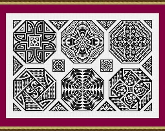 Antique Hexagon Tiles Sampler Monochrome Set Counted Cross Stitch/Filet Crochet Pattern PDF