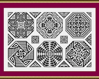 Antique Hexagon Tiles Sampler Monochrome Set Counted Cross Stitch/Filet Crochet Pattern PDF