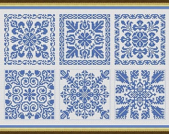 Antique Square Tiles Sampler Monochrome Set 11 Counted Cross Stitch/Filet Crochet Pattern PDF