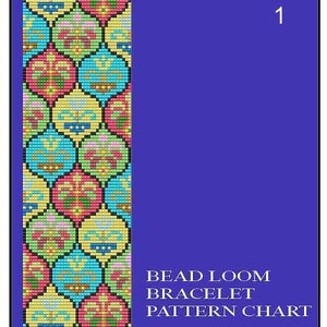May include: A colorful bead loom bracelet pattern chart with a geometric design. The chart is labeled "Bead Loom Bracelet Pattern Chart" and "MyTreasureIsland".