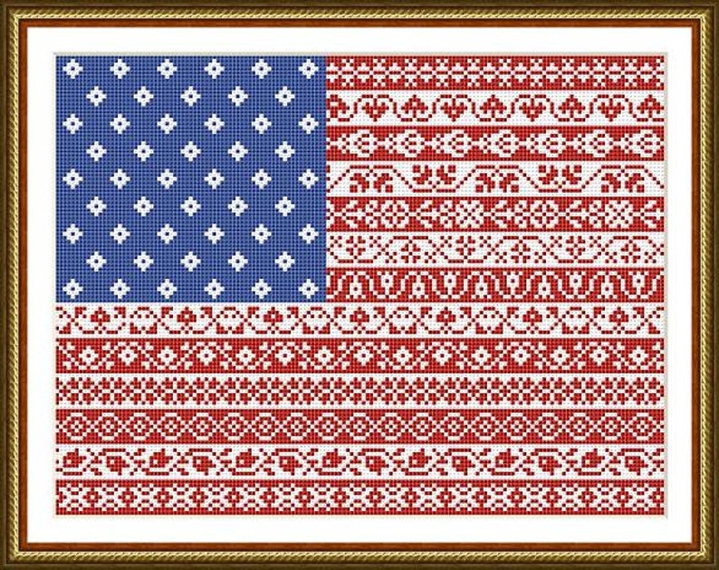 American Flag Cross Stitch Pattern Stars and Stripes Repeating Borders Design PDF Instant Download Pattern image 2