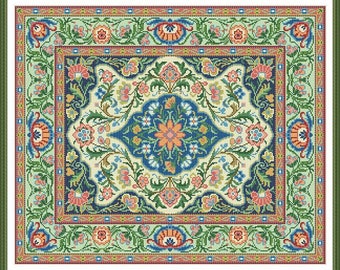 Puede incluir: Una alfombra colorida con un patrón floral en tonos azules, verdes, rosas y naranjas. La alfombra tiene un medallón central con un diseño de estrella y está rodeada por un borde de motivos florales más pequeños.
