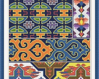 Antique Sampler 4 Repeating Borders Decorative Motifs Floral Textile Adaptation Counted Cross Stitch Pattern PDF