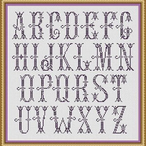 May include: A cross-stitch alphabet pattern with letters A through Z in a decorative font. The letters are stitched in purple thread on a white background.