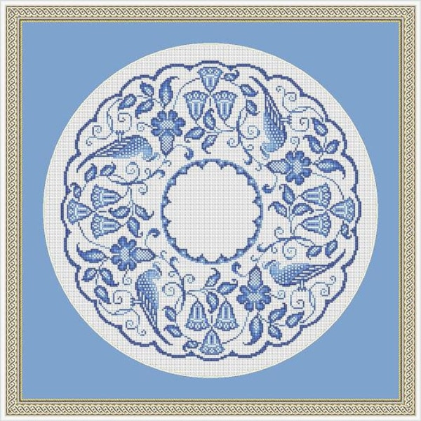 Vintage Blue Birds in 4 Gradient Colors Circular Design Motif Cross Stitch Pattern PDF