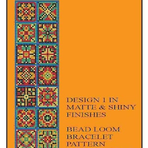 Può includere: Uno schema per braccialetto a telaio per perline con un design geometrico colorato. Lo schema è realizzato con perline opache e lucide. Il testo "Design 1 in Matte & Shiny Finishes Bead Loom Bracelet Pattern MyTreasureIsland" è stampato sullo sfondo arancione.
