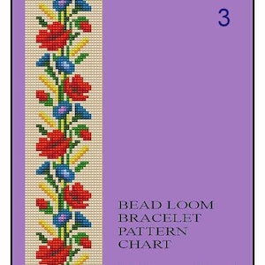 May include: Bead loom bracelet pattern chart with a floral design featuring red, blue, and yellow beads. The chart is labeled "Bead Loom Bracelet Pattern Chart" and "My Treasure Island".